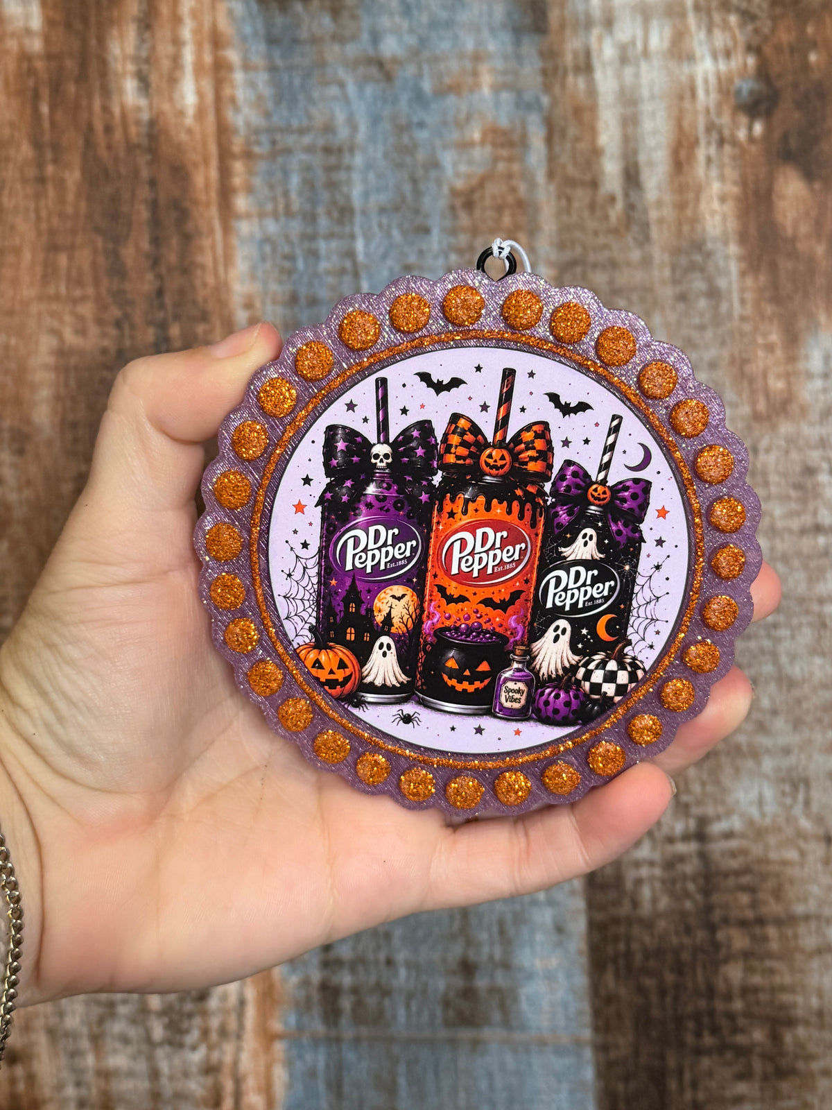 Halloween Soda Car Freshie | Purple & Orange Glitter Spooky Drink Air Freshener | Golden Harvest Scent