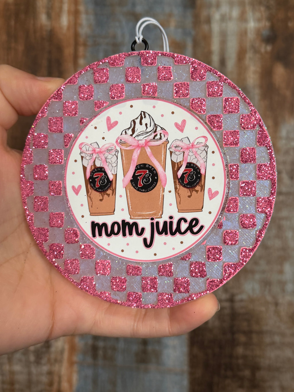 Mom Juice Coffee Car Freshie | Belle Scent | Pink Glitter Air Freshener