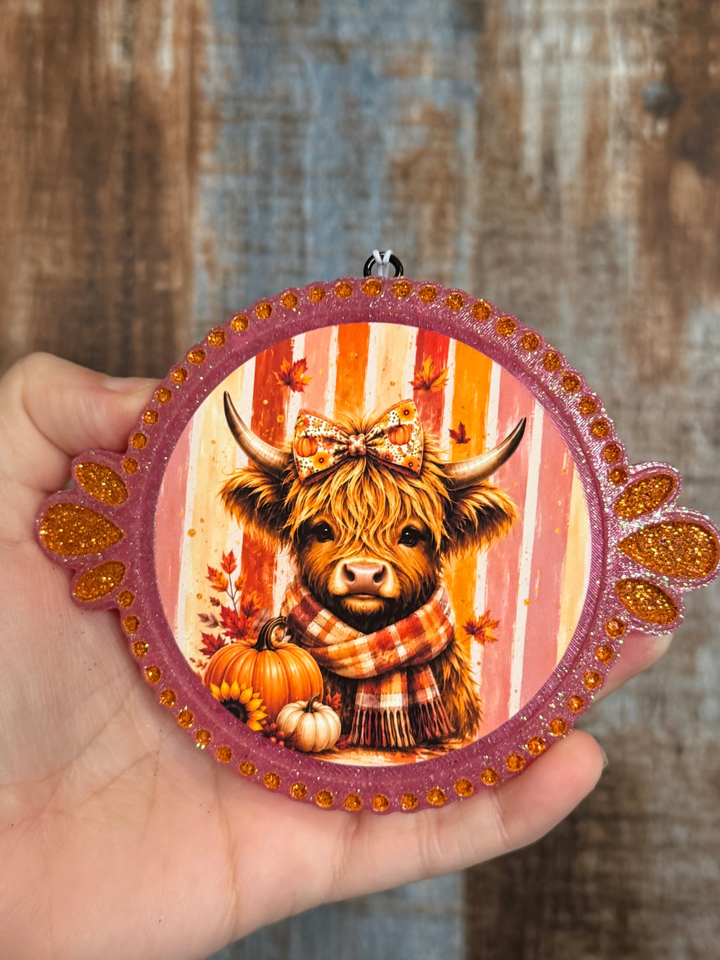 Fall Highland Cow Car Freshie | Pink Glitter Autumn Air Freshener | Driftwood & Hide Scent