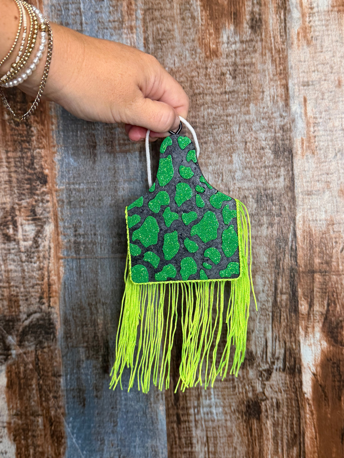 Green Cow Print Fringe Car Freshie | Birthday Cake Scent