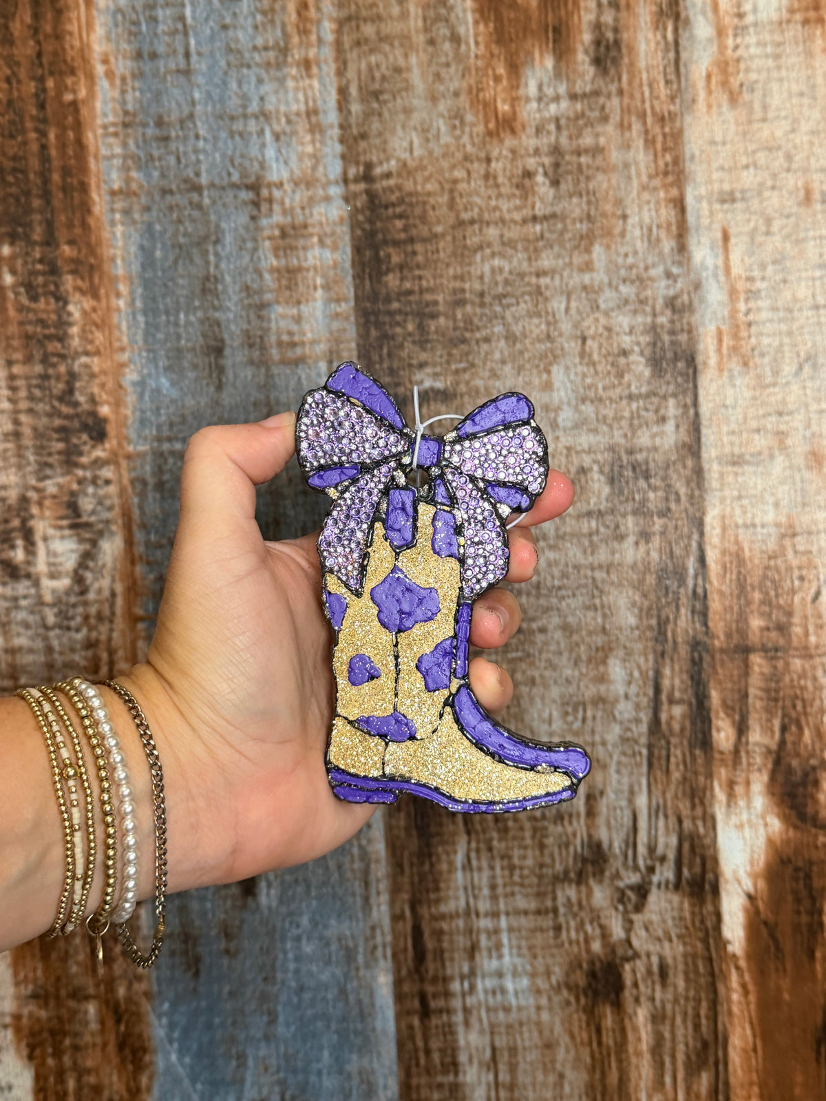 Purple Cow Print Cowgirl Boot Car Freshie | Clean Cotton Scent