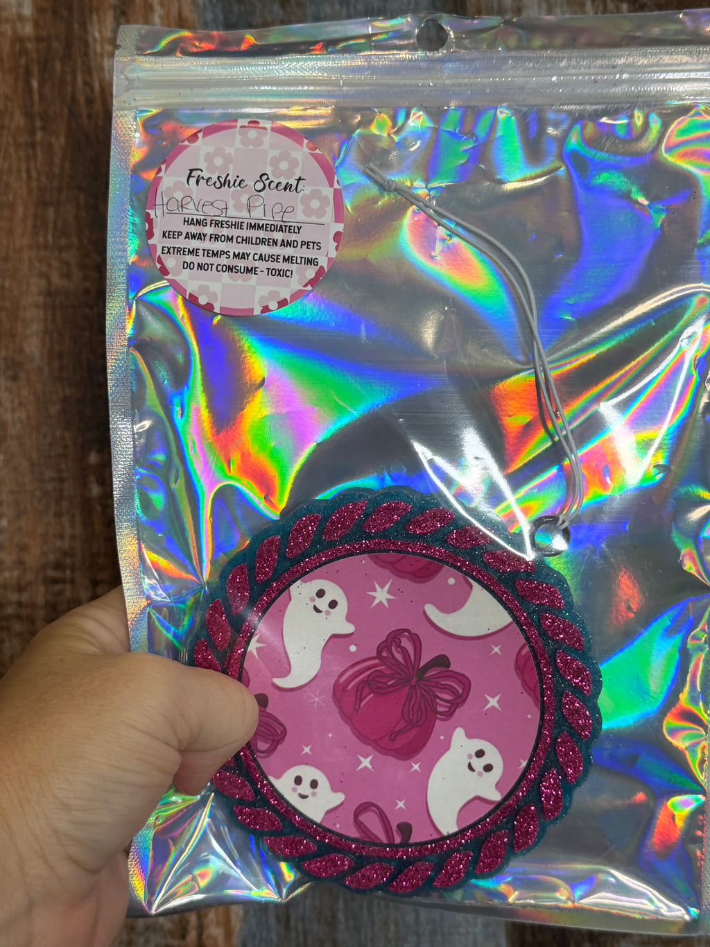 Pink Ghost & Bow Car Freshie | Cute Girly Halloween Air Freshener | Harvest Pipe Scent