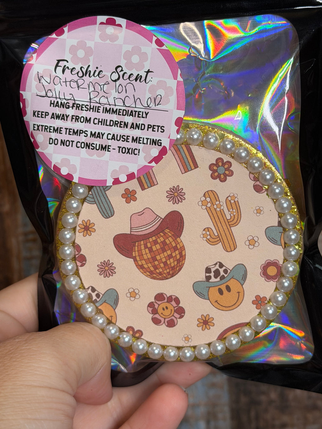 Western Cowgirl Car Freshie | Retro Smiley Cactus Air Freshener | Watermelon Jolly Rancher Scent