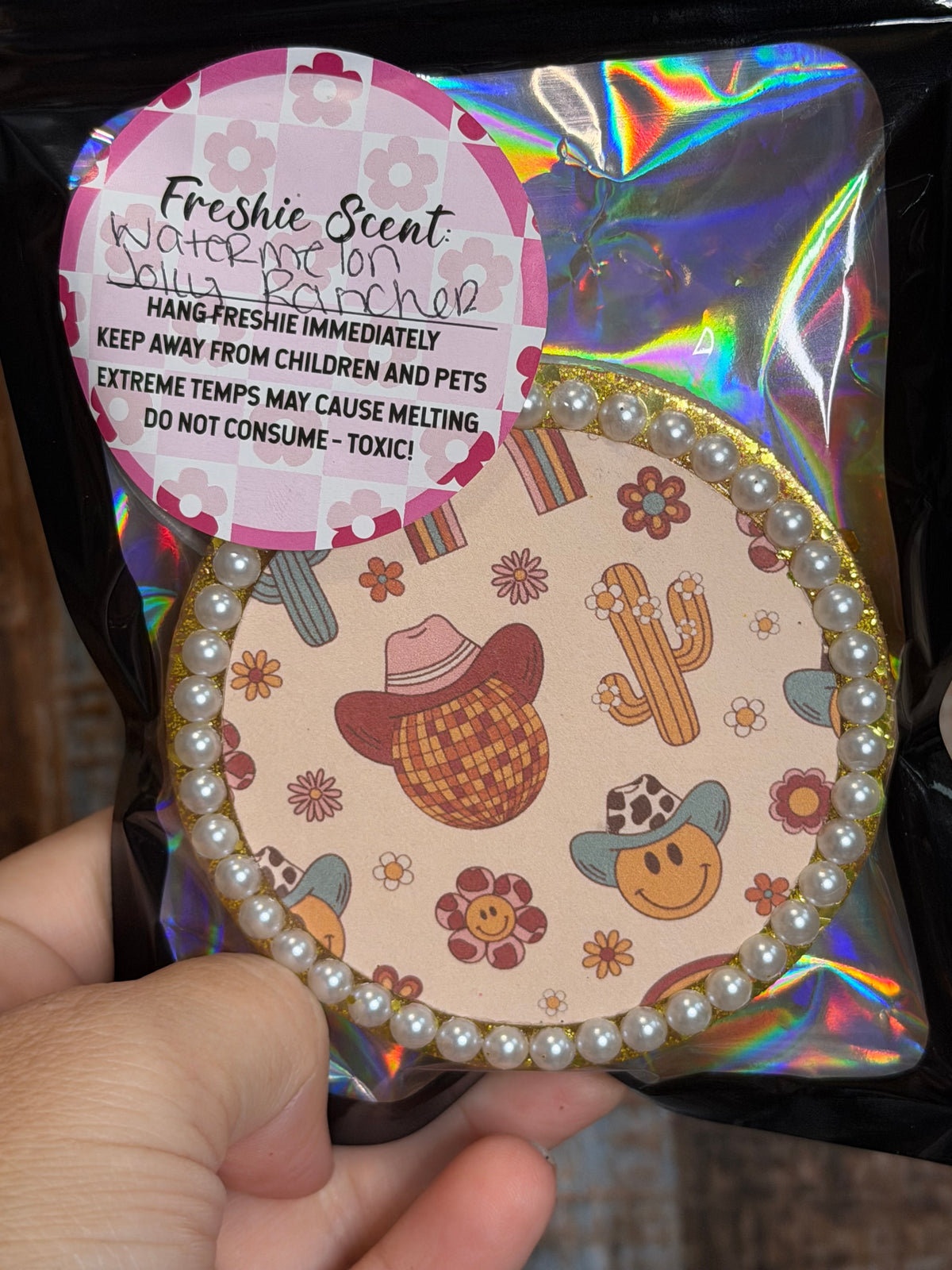 Western Cowgirl Car Freshie | Retro Smiley Cactus Air Freshener | Watermelon Jolly Rancher Scent
