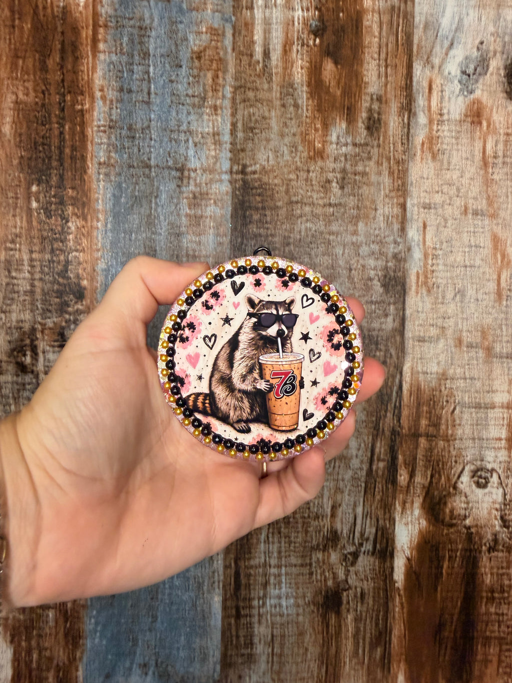 7 Brew Raccoon Car Freshie | Driftwood & Hide Scent | Funny Coffee Car Air Freshener | Pink Leopard Raccoon Freshie | Coffee Lover Gift