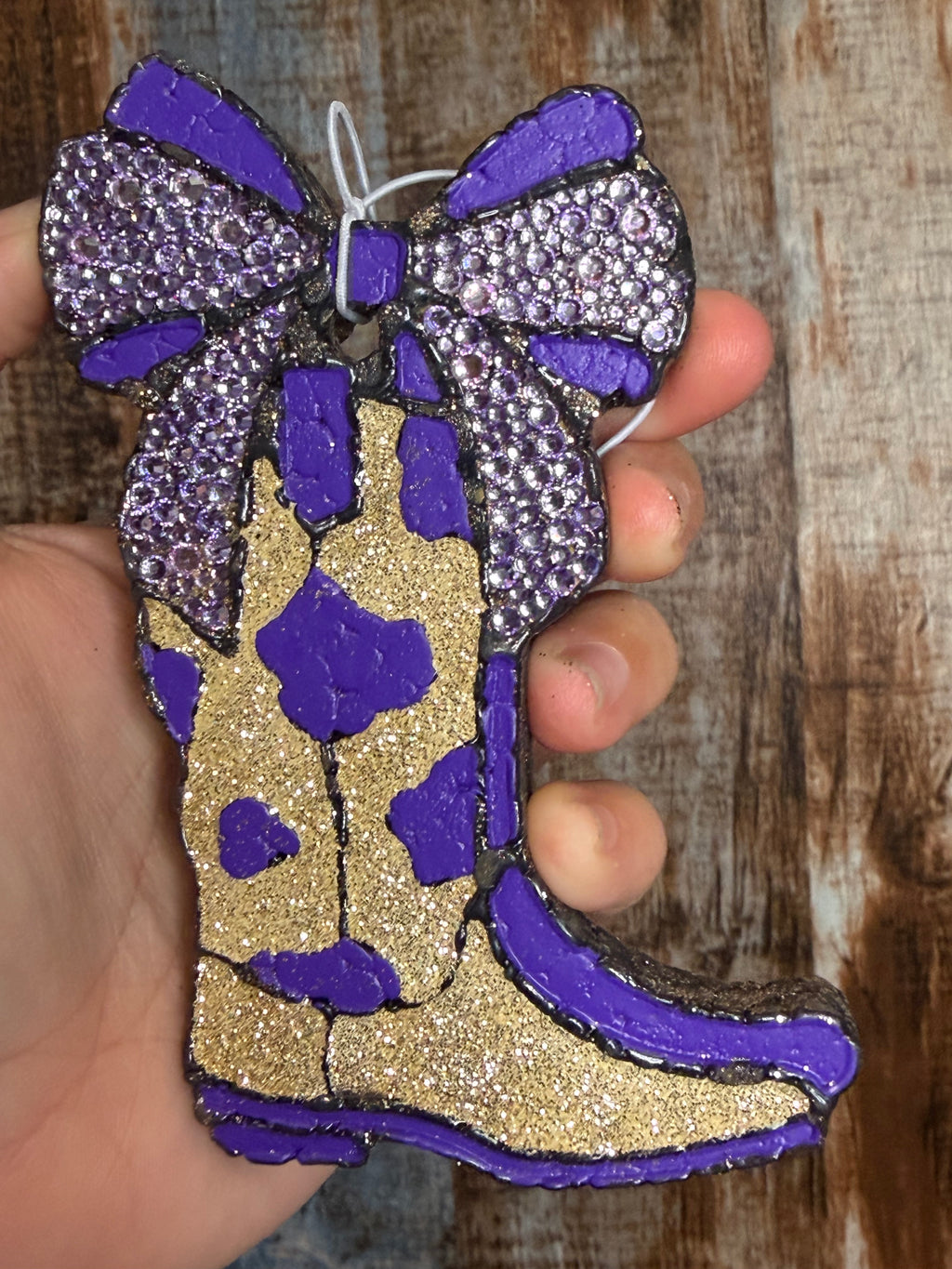 Purple Cow Print Cowgirl Boot Car Freshie | Clean Cotton Scent