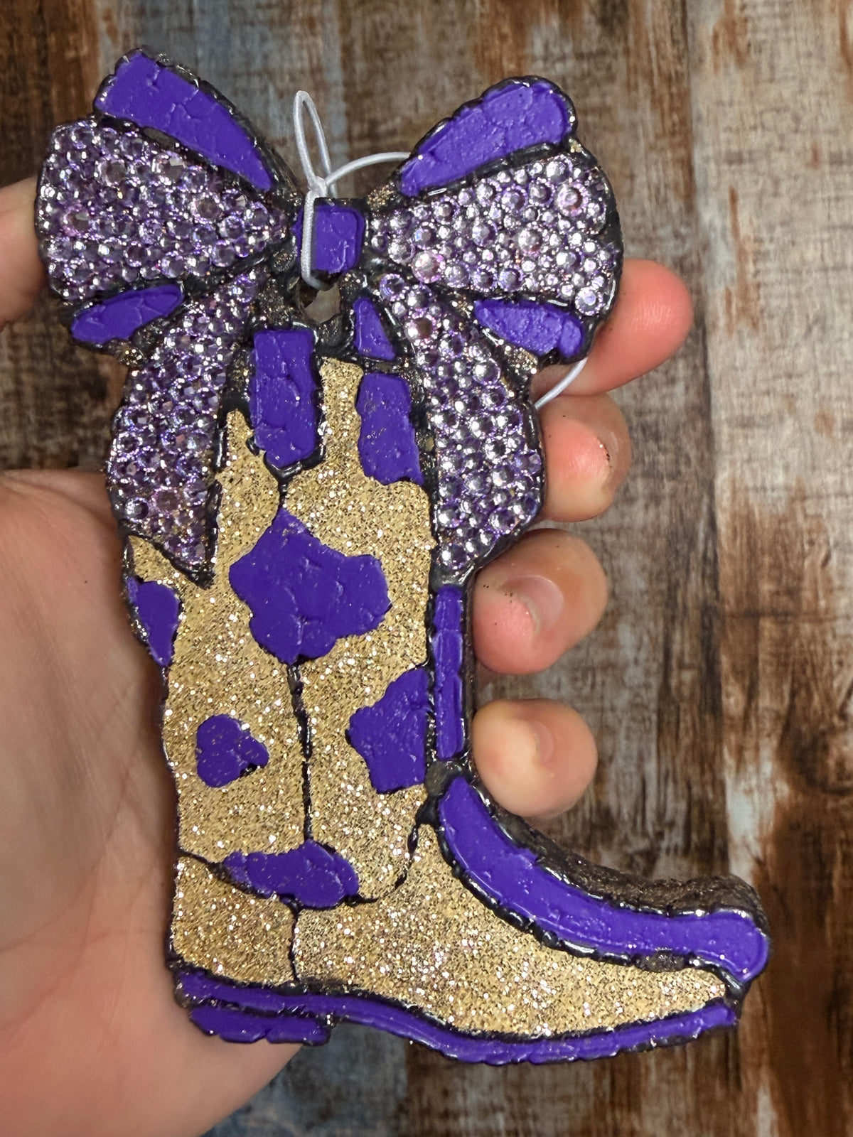 Purple Cow Print Cowgirl Boot Car Freshie | Clean Cotton Scent