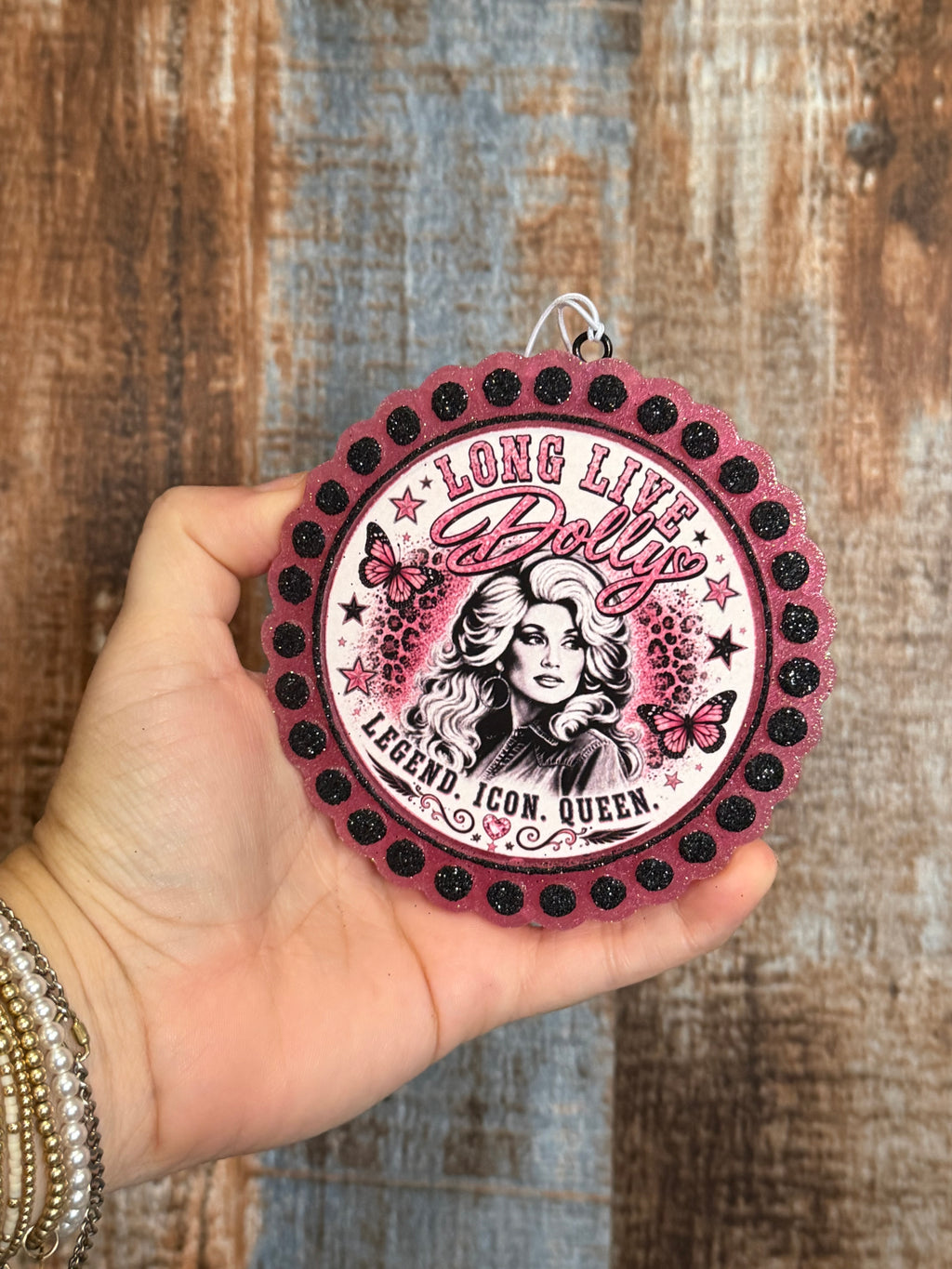 Long Live Dolly Car Freshie | Pink & Black Glitter Dolly Parton Air Freshener | Lavender Scent