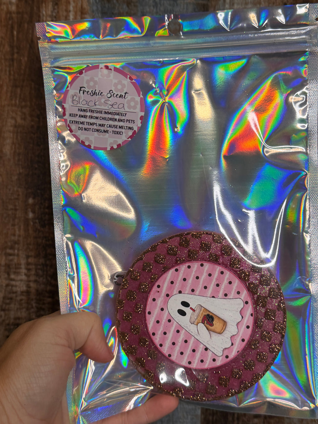 Pink Coffee Ghost Car Freshie | Black Sea Scent | Halloween Air Freshener