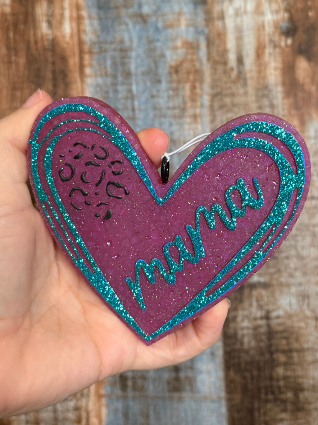 Mama Heart Car Freshie | Pink & Turquoise Glitter Western Air Freshener | Leather & Lace Scent
