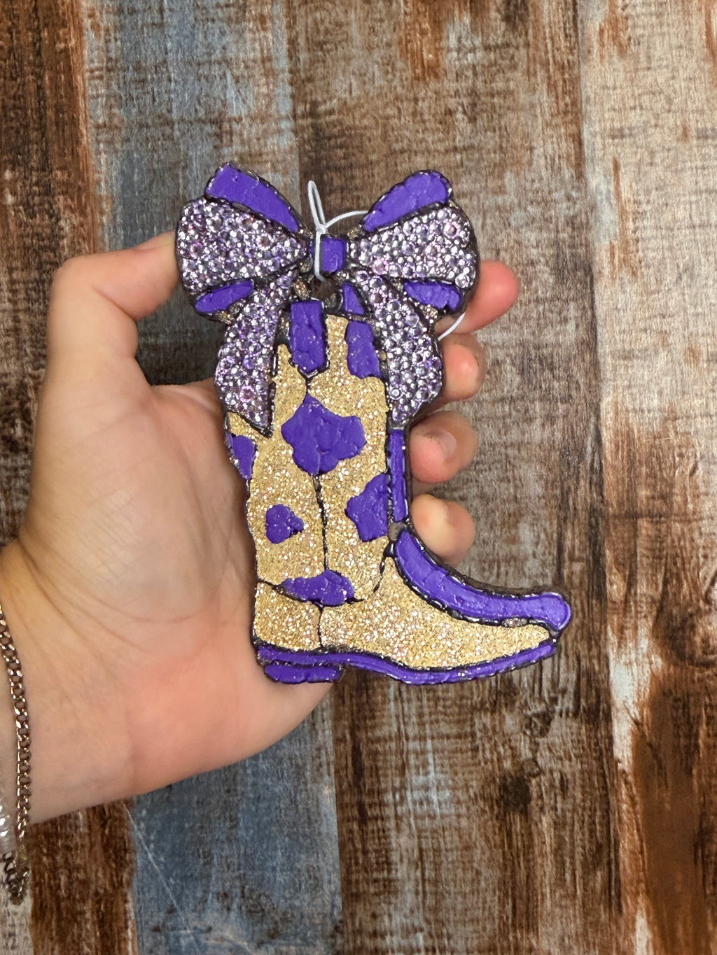 Purple Cow Print Cowgirl Boot Car Freshie | Clean Cotton Scent
