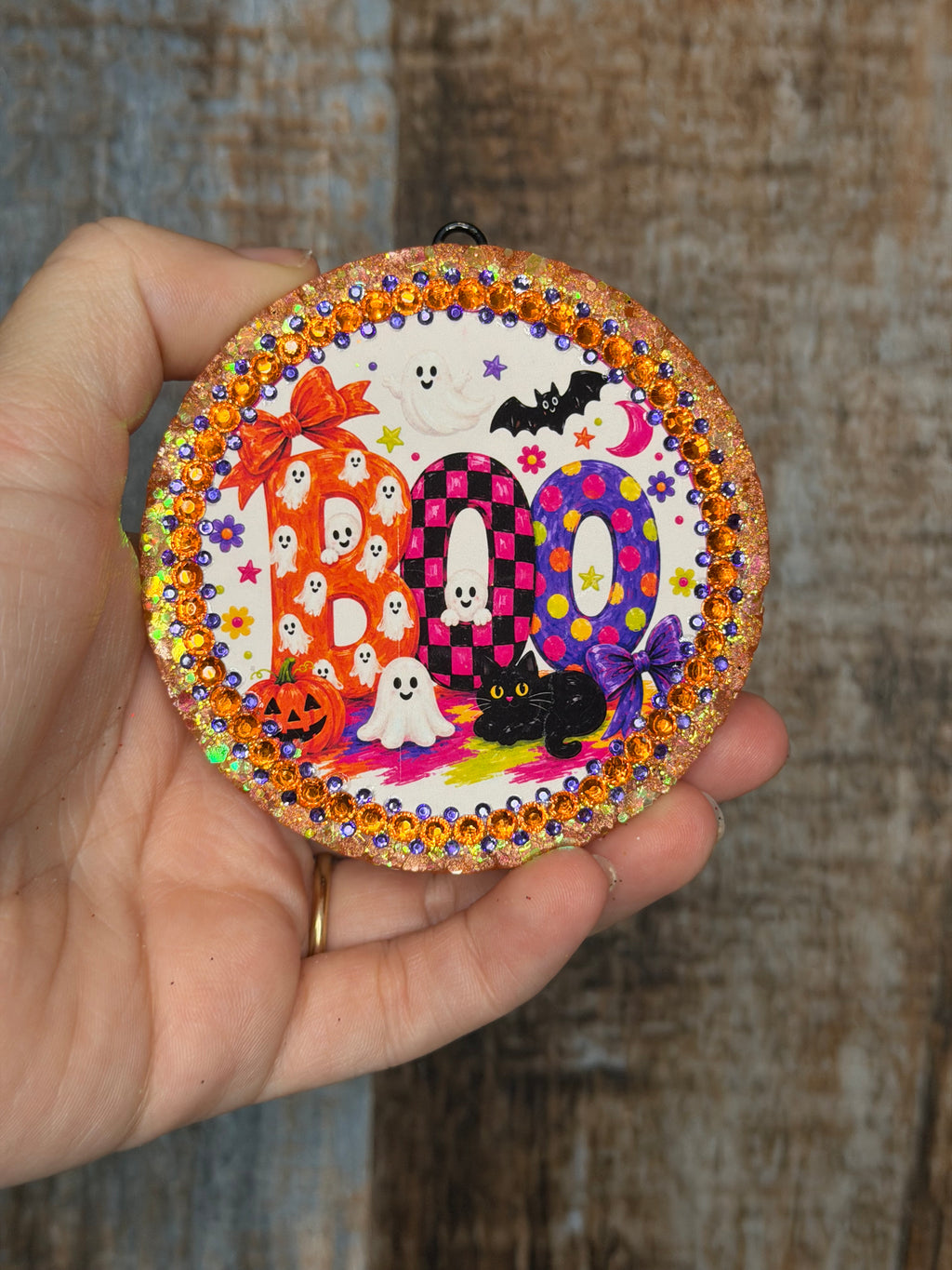 BOO Halloween Car Freshie | Spiced Leather Scent | Colorful Ghost Car Air Freshener | Glitter Halloween Freshie | Spooky Car Decor