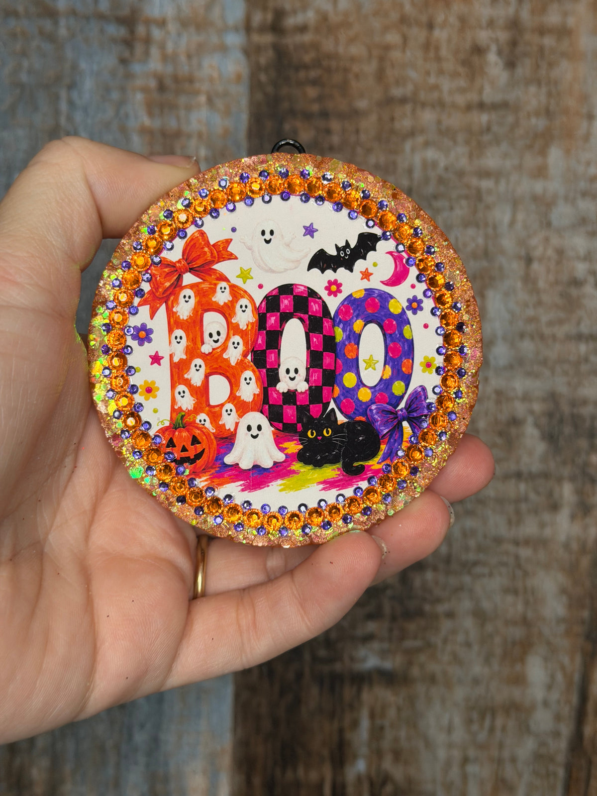 BOO Halloween Car Freshie | Spiced Leather Scent | Colorful Ghost Car Air Freshener | Glitter Halloween Freshie | Spooky Car Decor