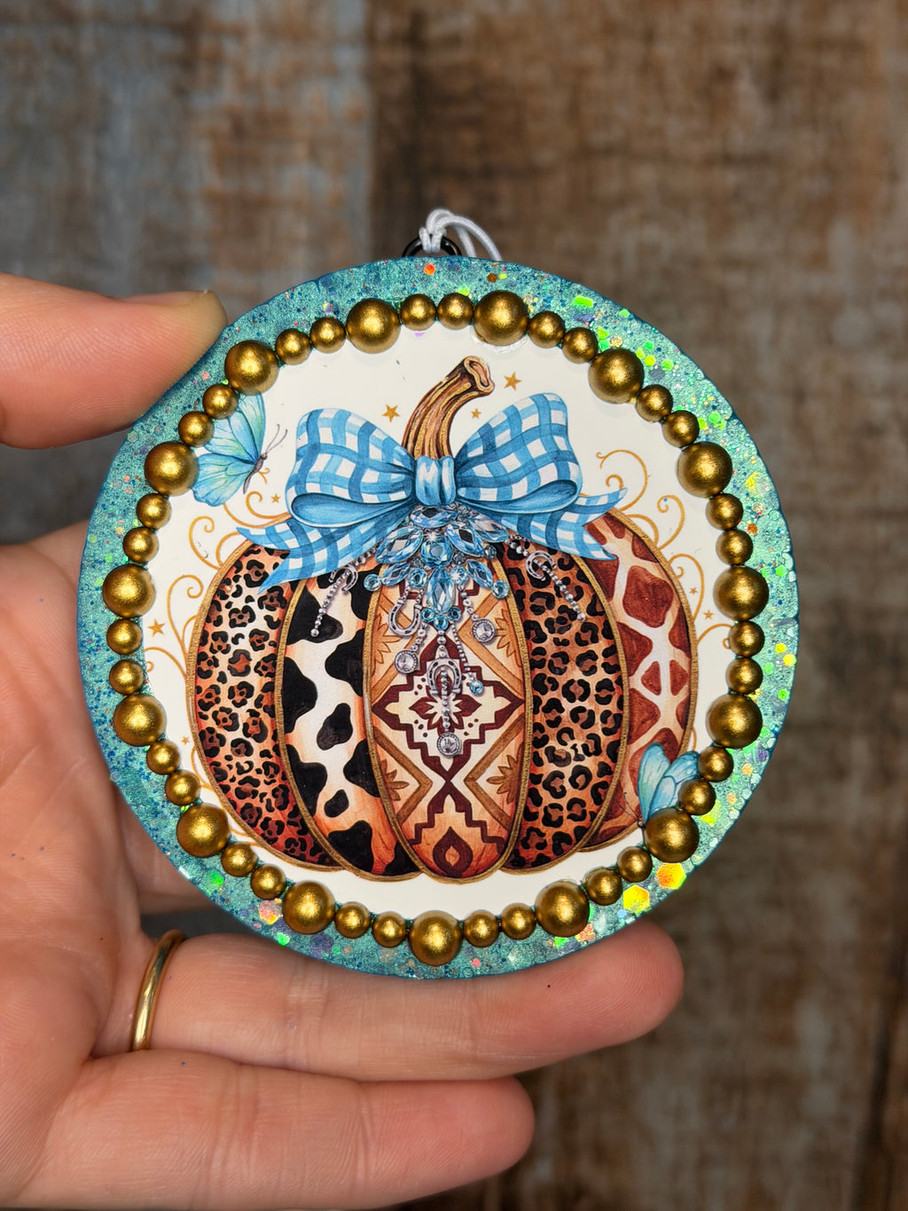Western Pumpkin Car Freshie | Clean Cotton Scent | Turquoise & Gold Fall Car Air Freshener | Cow Print Leopard Pumpkin Freshie