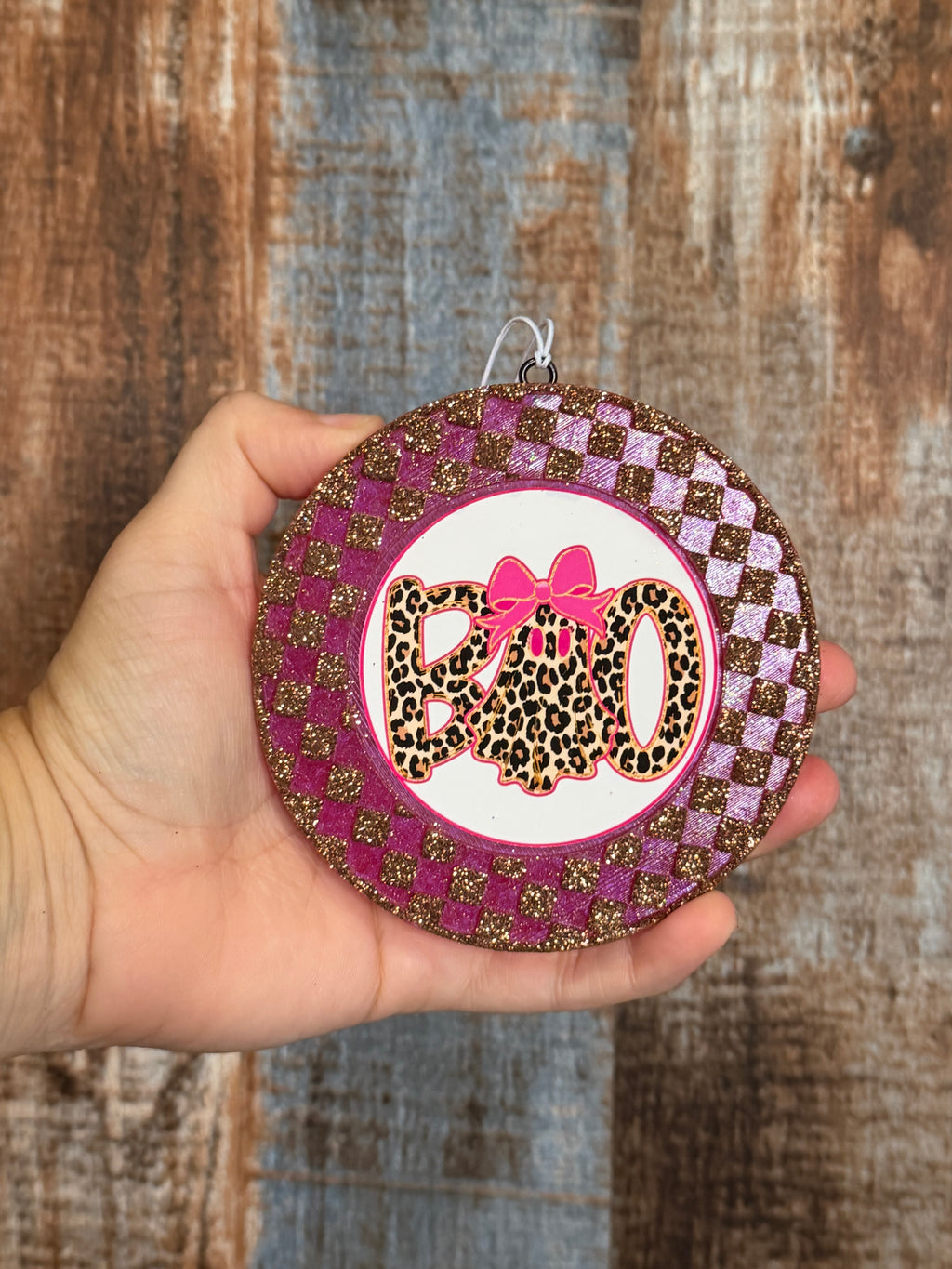 Boo Leopard Print Car Freshie | Pink Glitter Ghost Air Freshener | Citrus Breeze Scent