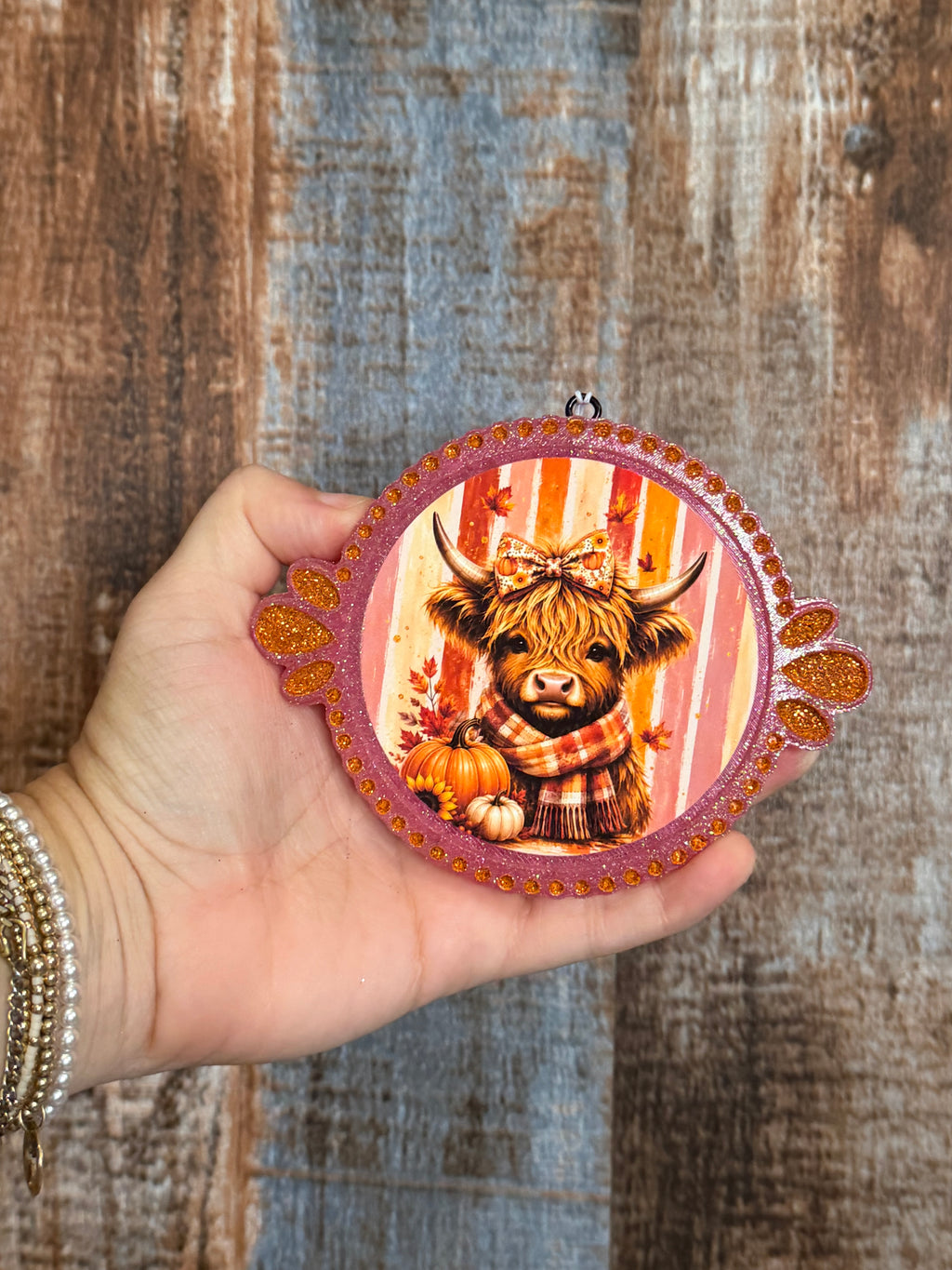 Fall Highland Cow Car Freshie | Pink Glitter Autumn Air Freshener | Driftwood & Hide Scent