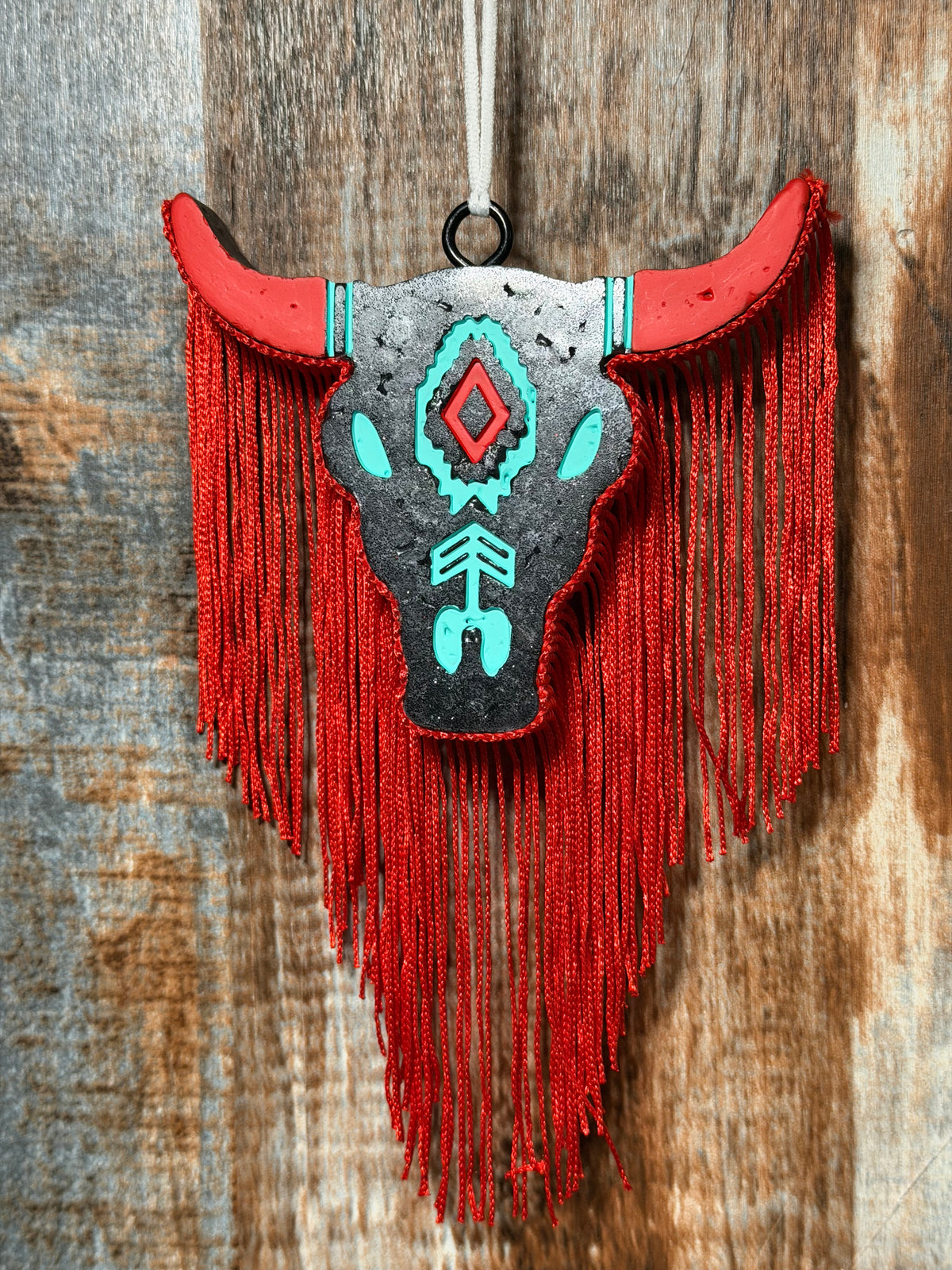 Western Bull Skull Car Freshie with Red Fringe | Leather & Lace Scent | Boho Cowgirl Car Air Freshener | Rustic Western Car Charm | Handmade